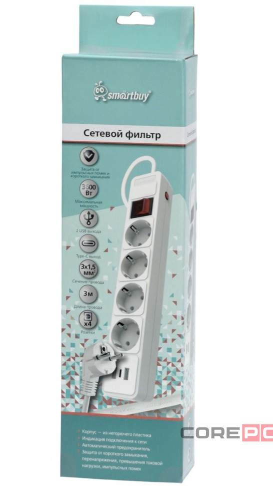 Сетевой фильтр c USB+Type C, 16А, 4 гнезда, c з/ш, с з/к, ПВС, 3 м, белый (SBSP-30C-W)