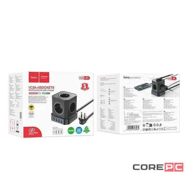 Сетевой фильтр Hoco NS8 5 розеток/3USB/1USB-C 2м черный