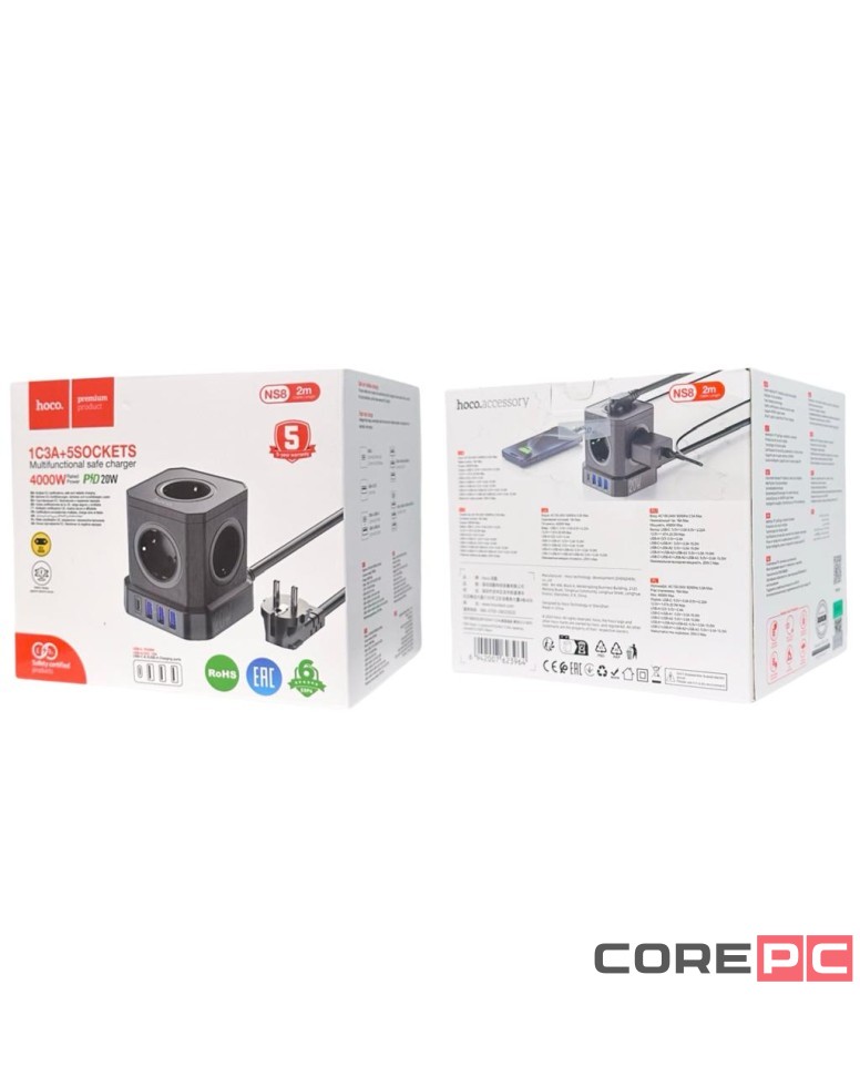 Сетевой фильтр Hoco NS8 5 розеток/3USB/1USB-C 2м черный