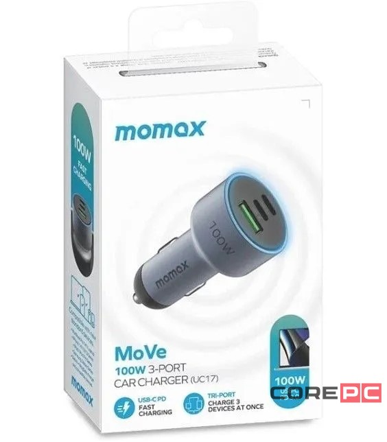 Автомобильное заряд. устр. Momax Move 100W 1USB/2USB-C серый