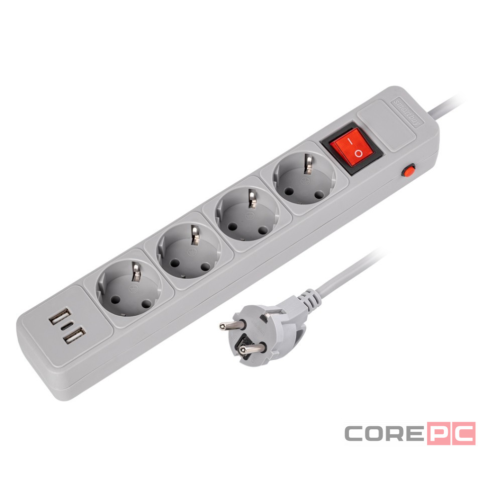 Сетевой фильтр c USB+Type C, 16А, 4 гнезда, c з/ш, с з/к, ПВС, 3 м, серый (SBSP-30C-G)