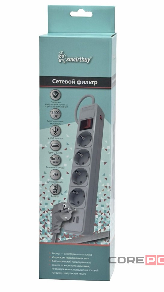 Сетевой фильтр c USB+Type C, 16А, 4 гнезда, c з/ш, с з/к, ПВС, 3 м, серый (SBSP-30C-G)