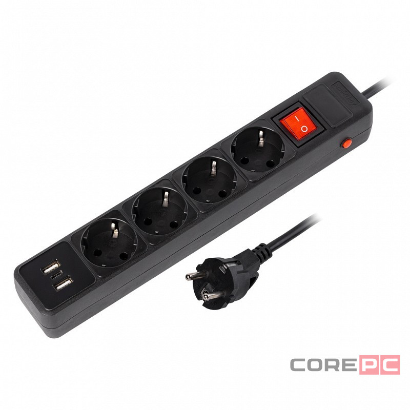Сетевой фильтр c USB+Type C, 16А, 4 гнезда, c з/ш, с з/к, ПВС, 3 м, черный (SBSP-30C-K)