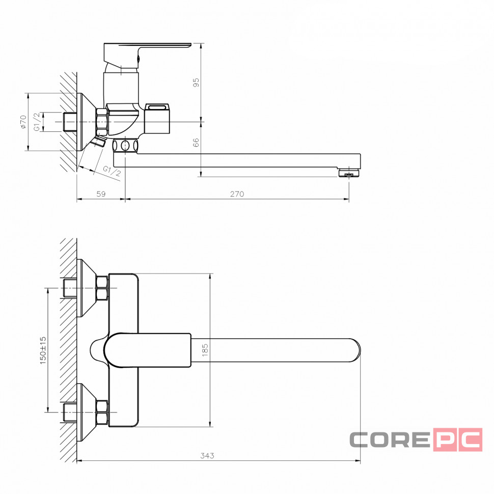 Смеситель для ванны и раковины MIXLINE МЛ26-02/ML26-02, рычажное управление, цвет хром