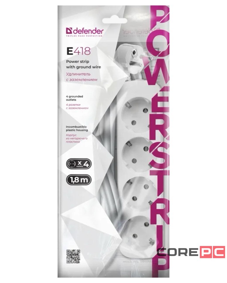 Сетевой фильтр Defender E418, 10А, 2200 Вт, 4 розетки, длина 1,8 м, белый