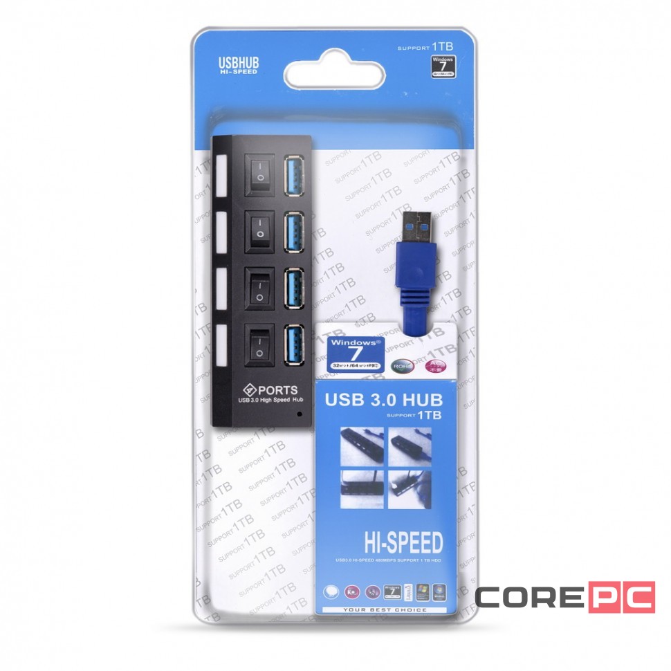 USB 3.0 хаб с выключателями, 4 порта, СуперЭконом, черный, SBHA-7304-B