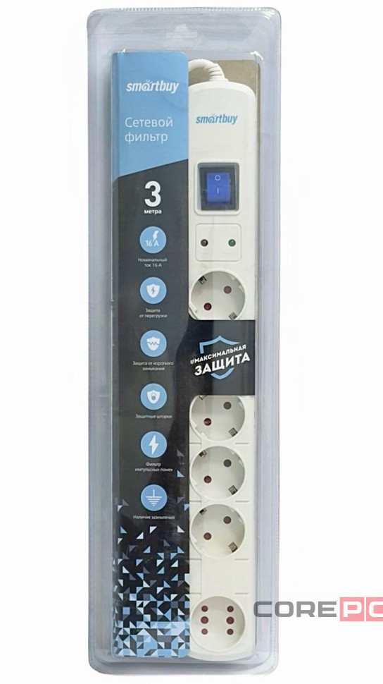 Сетевой фильтр Smartbuy, 16А, 3500 Вт, 6 гнезд, с з/ш, земля, ПВС, 3 м, белый (SBSP-30W-Pro)