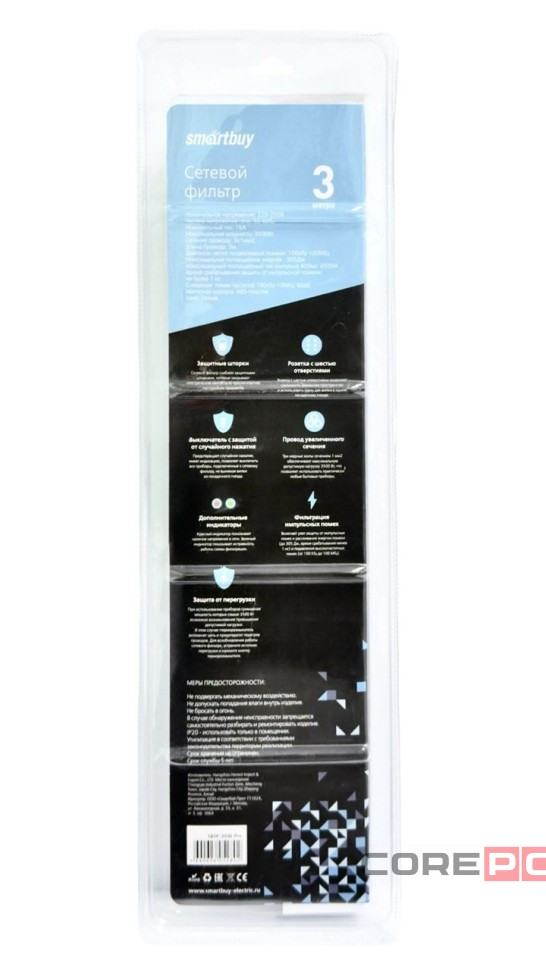 Сетевой фильтр Smartbuy, 16А, 3500 Вт, 6 гнезд, с з/ш, земля, ПВС, 3 м, белый (SBSP-30W-Pro)