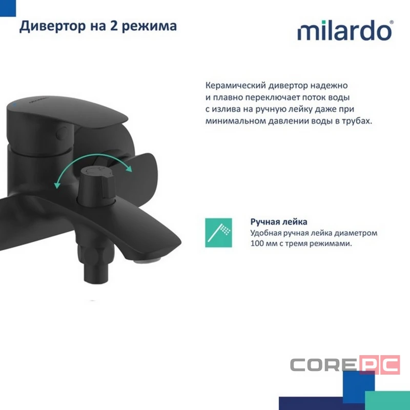 Смеситель для ванны Milardo RORBL00M02, рычажное управление, цвет черный матовый