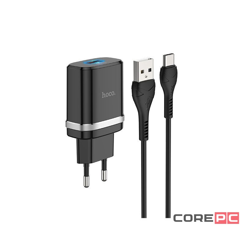 Сетевое зар. устр. Hoco C12Q с шнуром Type-C 1USB QC3.0 2.4A черное