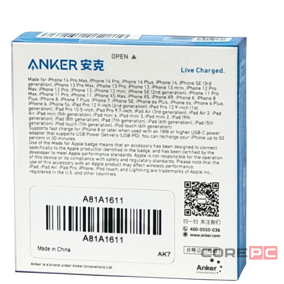 Usb Кабель-зарядка Type-C на Lightning  Anker 310 (A81A1611) 0.9м черный