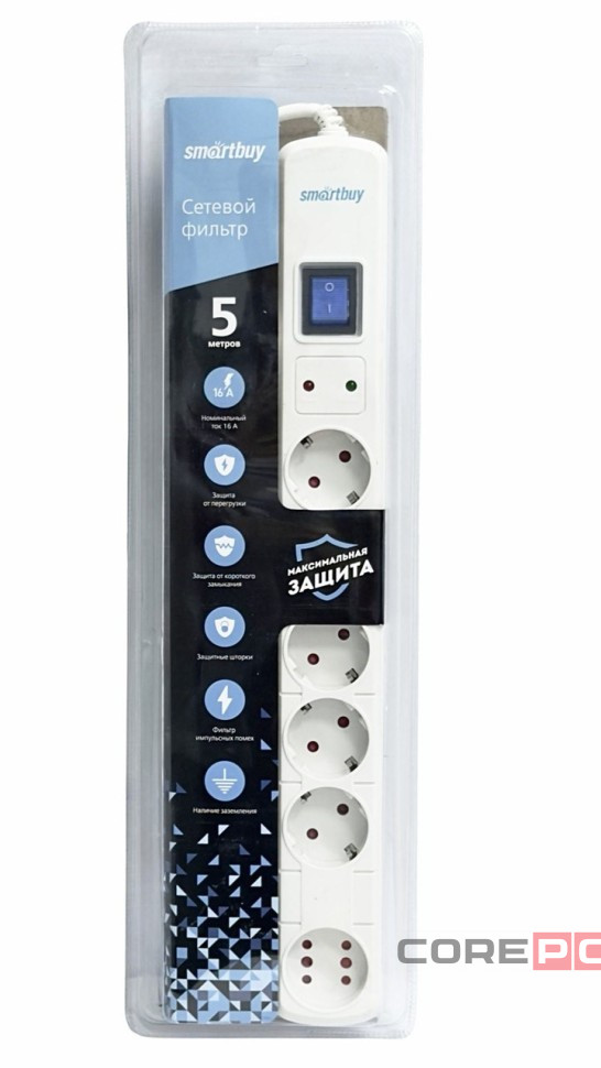 Сетевой фильтр Smartbuy, 16А, 3500 Вт, 6 гнезд, с з/ш, земля, ПВС, 5 м, белый (SBSP-50W-Pro)