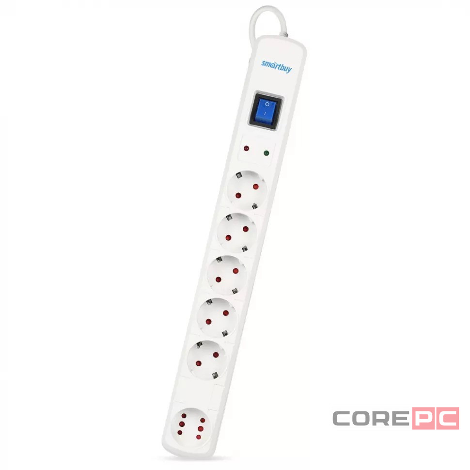 Сетевой фильтр Smartbuy, 16А, 3500 Вт, 6 гнезд, с з/ш, земля, ПВС, 5 м, белый (SBSP-50W-Pro)