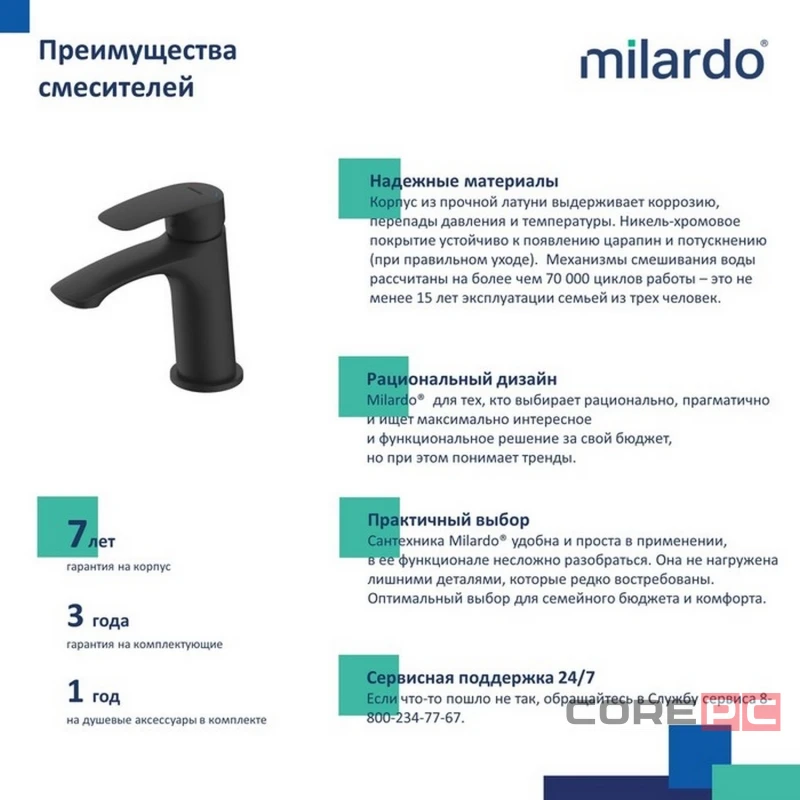 Смеситель для раковины Milardo RORBL00M01, рычажное управление, цвет черный матовый