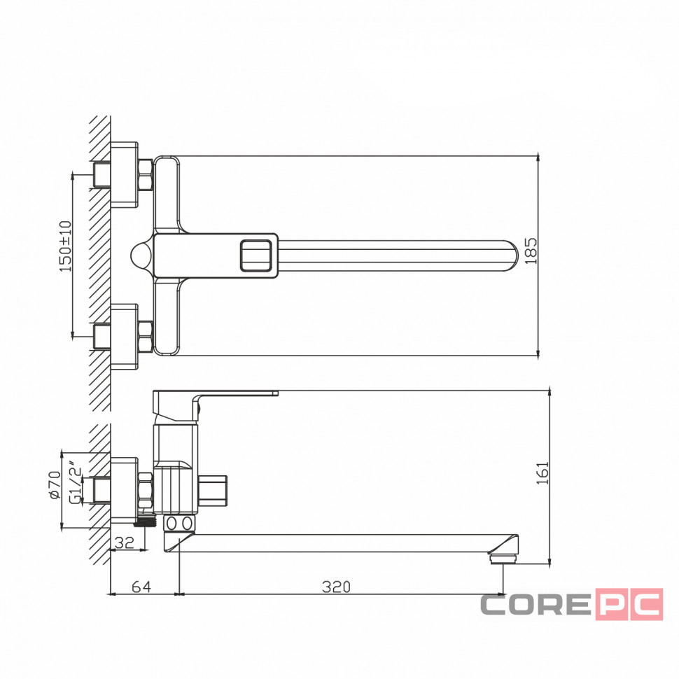Смеситель для ванны и раковины MIXLINE МЛ34-02/ML34-02, рычажное управление, цвет черный