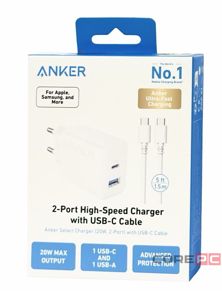 Сетевое зар. устр. Anker B2348G21 USB+1C 20W с кабелем Type-C белое