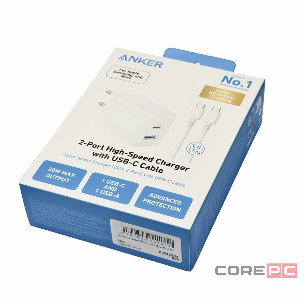 Сетевое зар. устр. Anker B2348G21 USB+1C 20W с кабелем Type-C белое