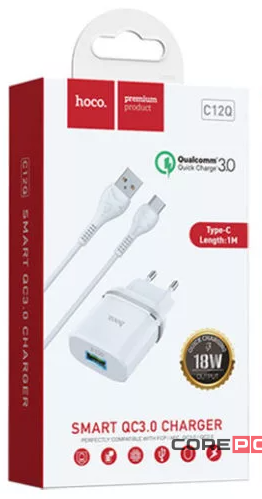 Сетевое зар. устр. Hoco C12Q с шнуром Type-C 1USB QC3.0 2.4A белое