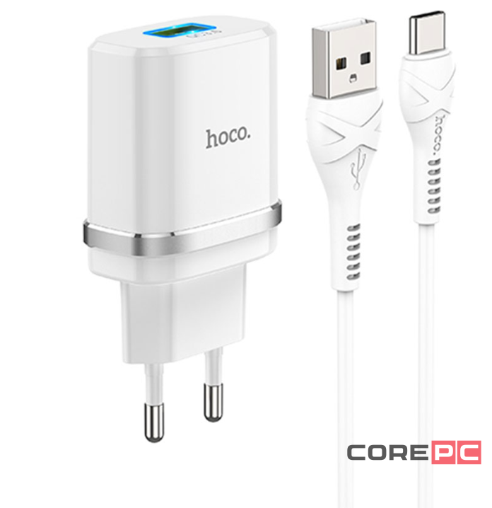 Сетевое зар. устр. Hoco C12Q с шнуром Type-C 1USB QC3.0 2.4A белое