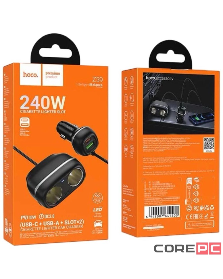 Автомобильное заряд. устр. Hoco Z59 240w 1USB/1T-C/2-12V чёрный