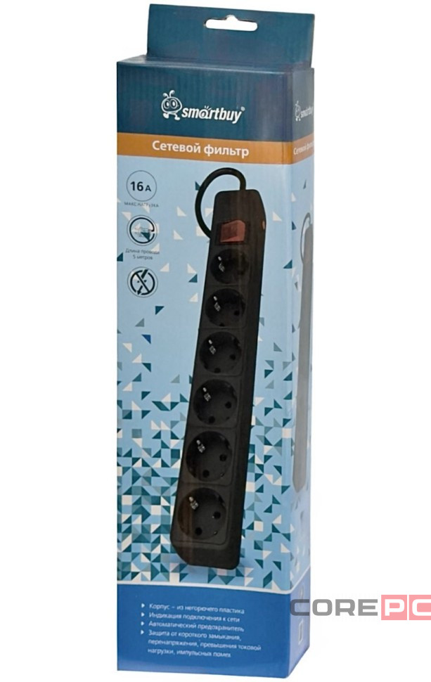 Сетевой фильтр 16А, 3500 Вт, 6 гнезд, без з/ш, с з/к, ПВС, 5 м, черный (SBSP-6-50-K)