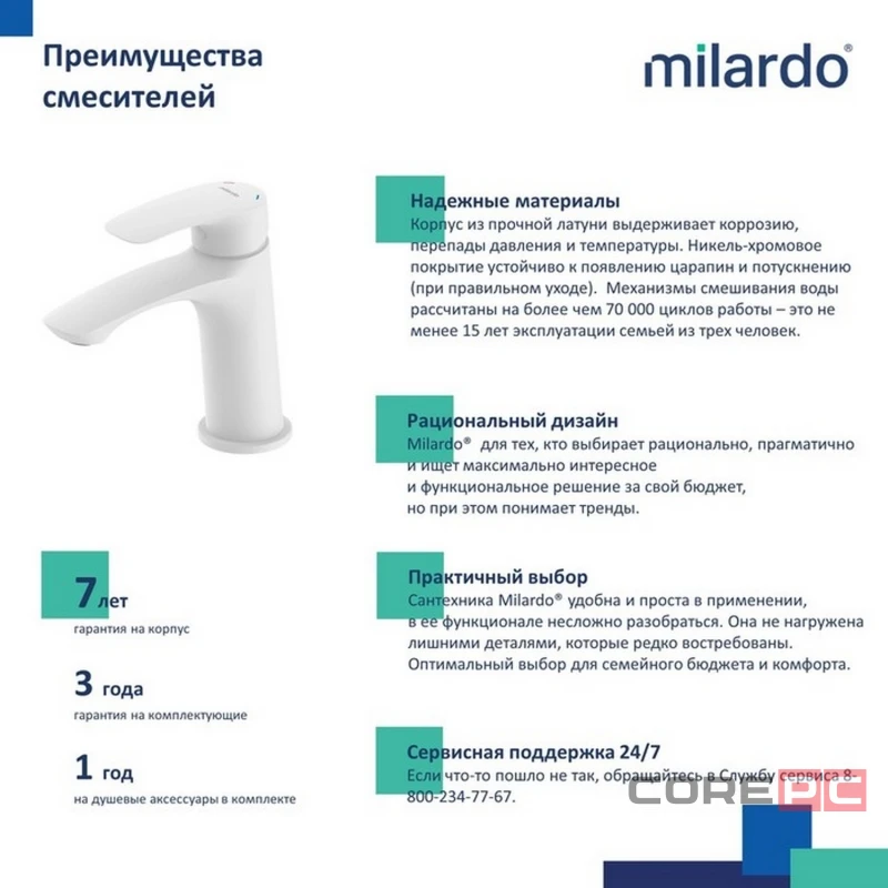 Смеситель для раковины Milardo RORWT00M01, рычажное управление, цвет белый матовый