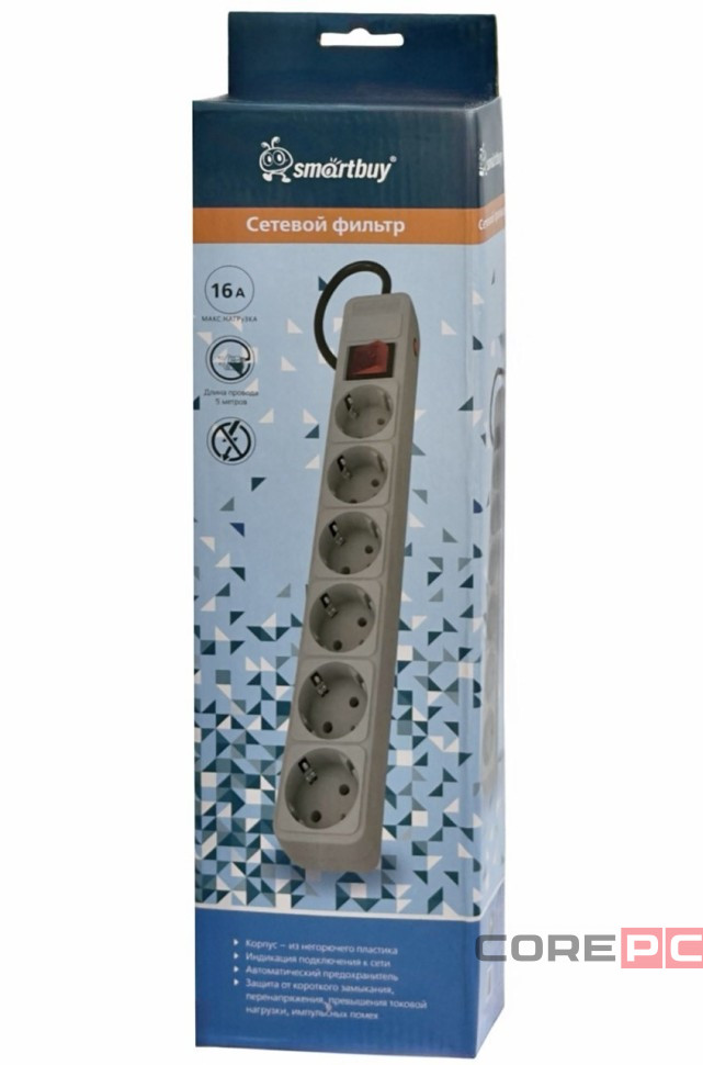 Сетевой фильтр 16А, 3500 Вт, 6 гнезд, без з/ш, с з/к, ПВС, 5 м, серый (SBSP-6-50-G)