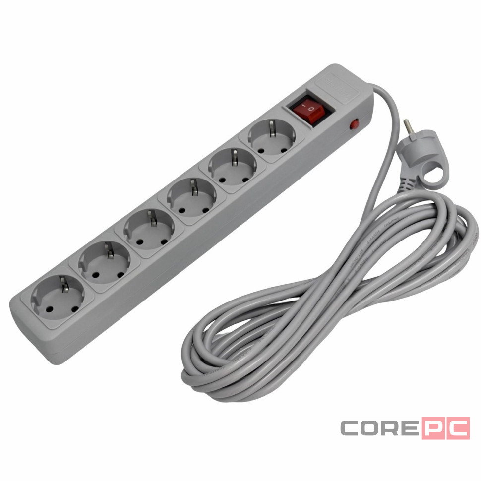 Сетевой фильтр 16А, 3500 Вт, 6 гнезд, без з/ш, с з/к, ПВС, 5 м, серый (SBSP-6-50-G)