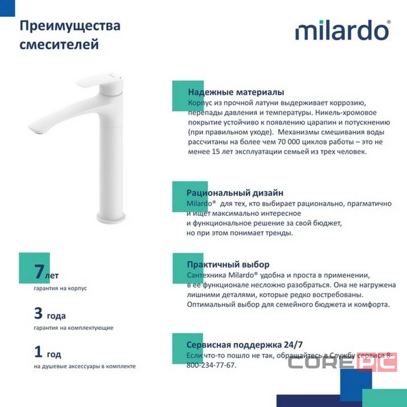 Смеситель для раковины Milardo RORWT01M01, рычажное управление, цвет белый матовый