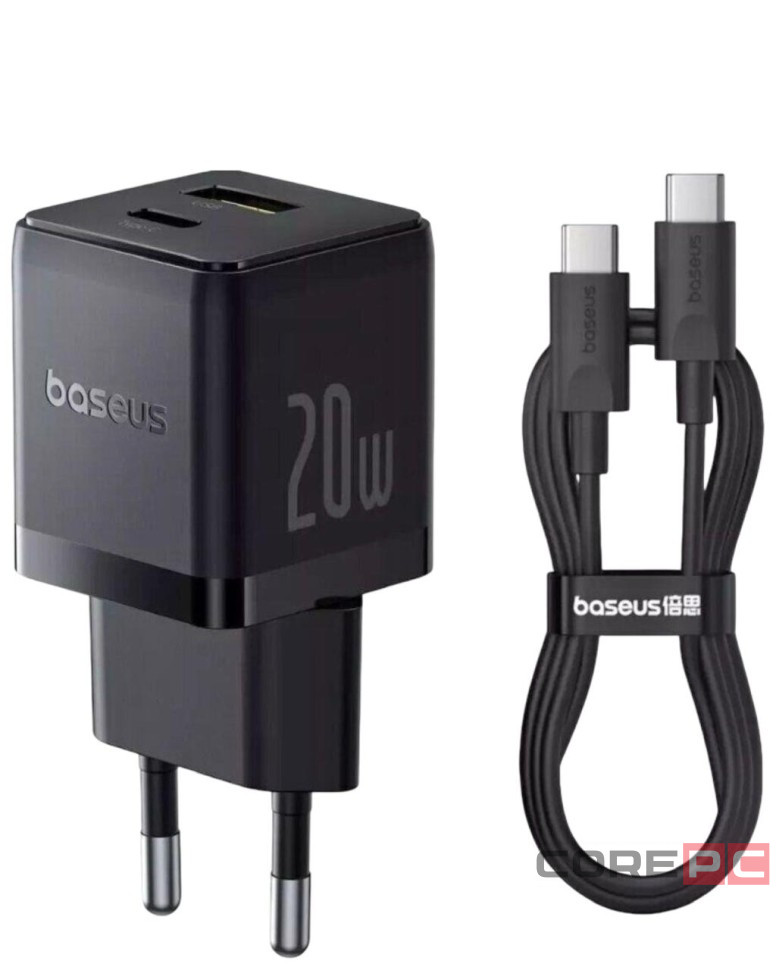 Сетевое зар. устр. Baseus Palm Fast Charger 1USB/1C 20W кабель T-C на T-C (P10111608113-01) черное