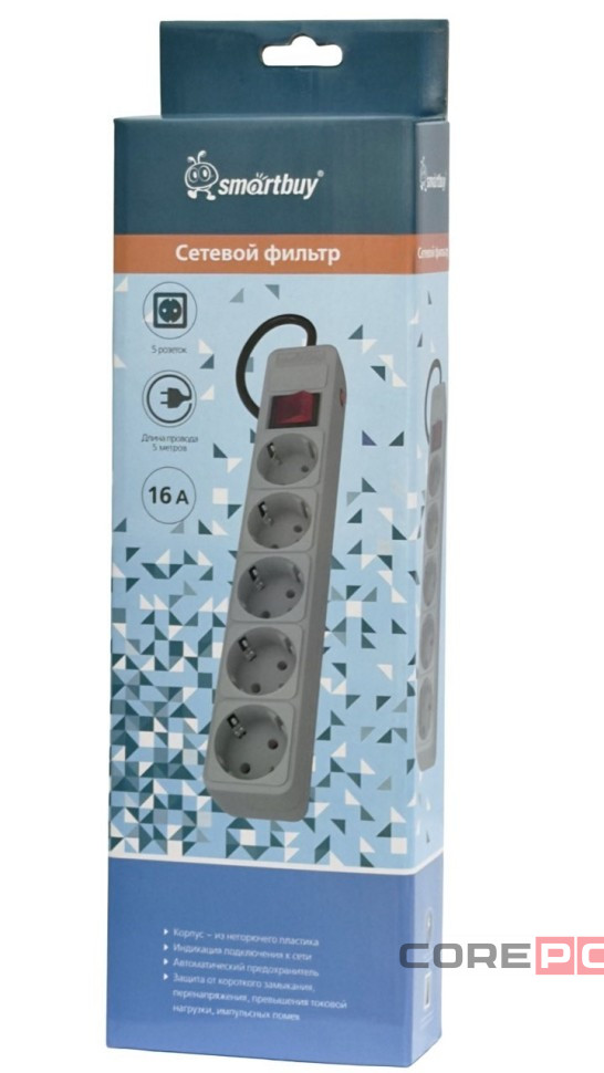 Сетевой фильтр 16А, 3500 Вт, 5 гнезд, без з/ш, с з/к, ПВС, 5 м, серый (SBSP-5-50-G)