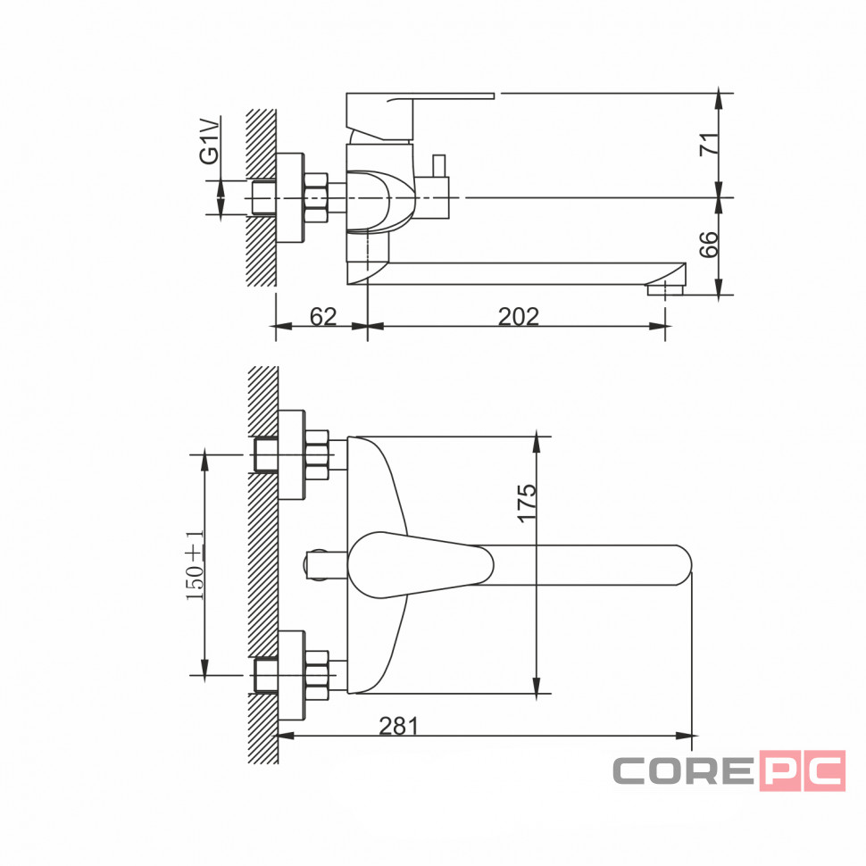 Смеситель для ванны и раковины MIXLINE МЛНС36-021, рычажное управление, цвет сатин