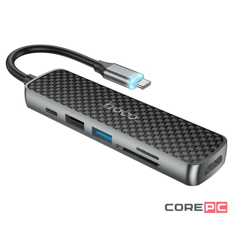 Переходник HOCO (HB24) 6 в 1 Type-C на HDMI/USB3.0/USB2.0/SD/TF/PD (Metal Gray)
