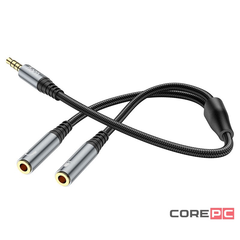 Разветвитель аудиокабель Hoco UPA21 AUX 3.5mm наушники (папа) + микрофон (2 мама) чёрный