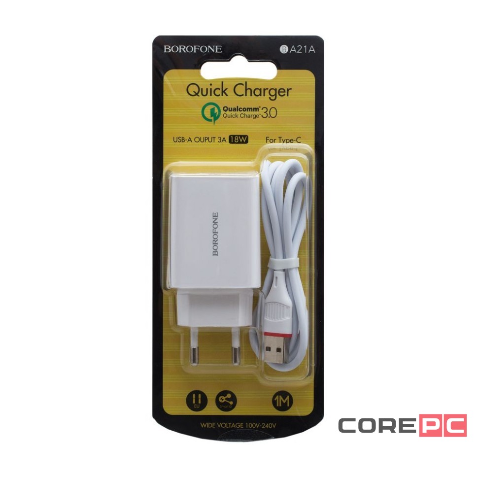 Сетевое зар. устр. Borofone BA21A с шнуром Type-C 1USB 2.1A белое