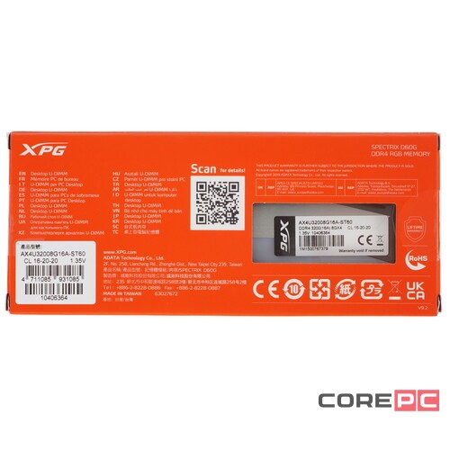 Оперативная память 8 Gb 3200 MHz ADATA XPG SPECTRIX D60G RGB Grey (AX4U32008G16A-ST60)