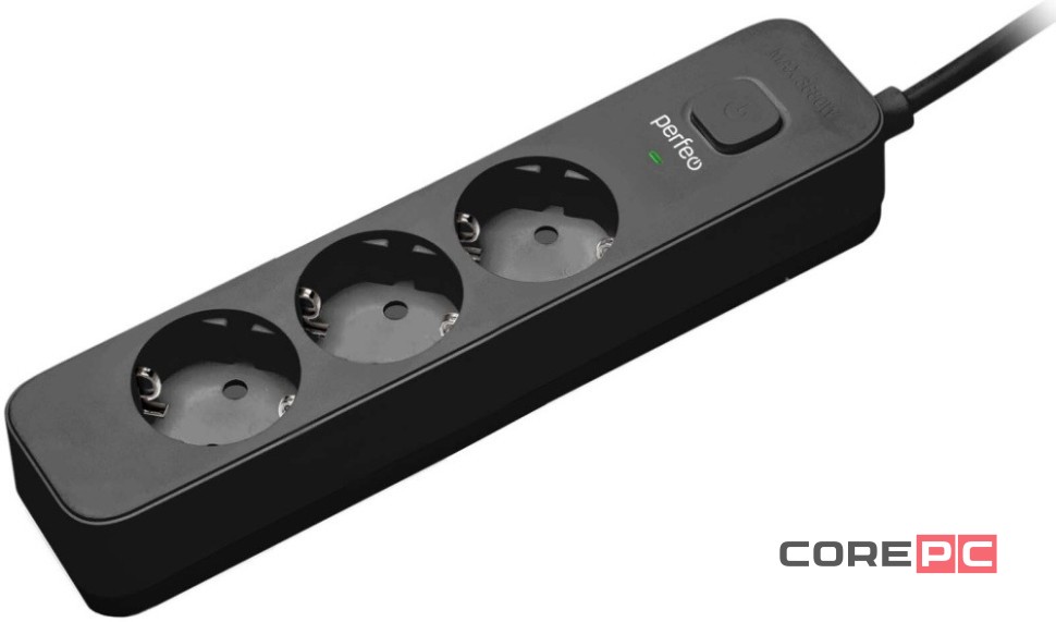 Perfeo сетевой фильтр POWER STREAM, 2500W, 1,5м, 3 розетки, черный