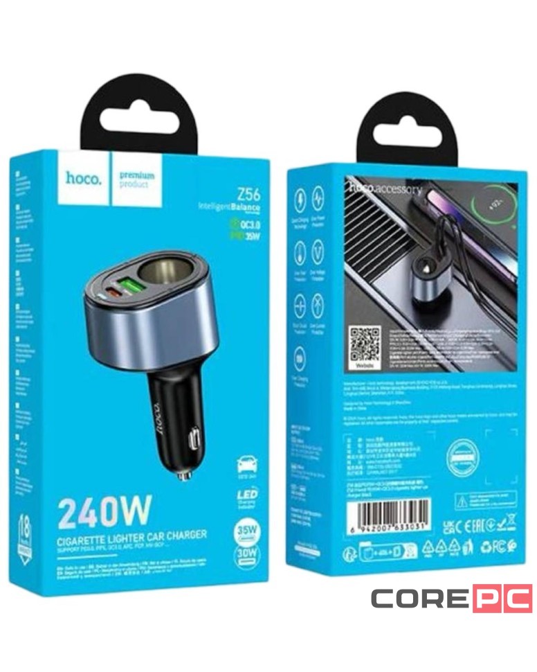 Автомобильное заряд. устр. Hoco Z56 1USB/1C/1 разветвитель 35W/30W/240W черный