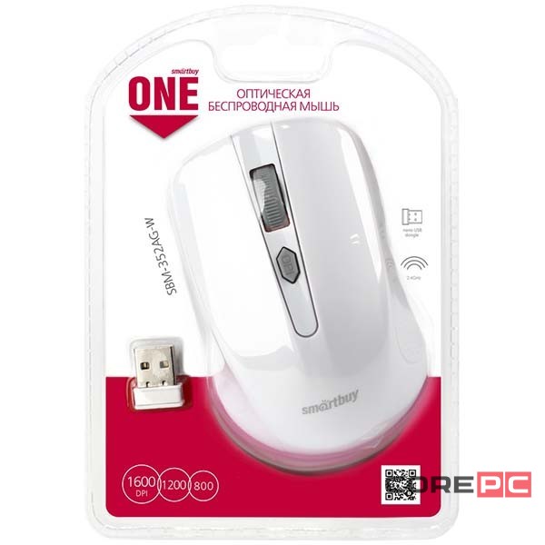 Мышь беспроводная Smartbuy ONE 352AG USB/DPI 800-1200-1600/4 кнопки/2AAA (SBM-352AG-W) белая