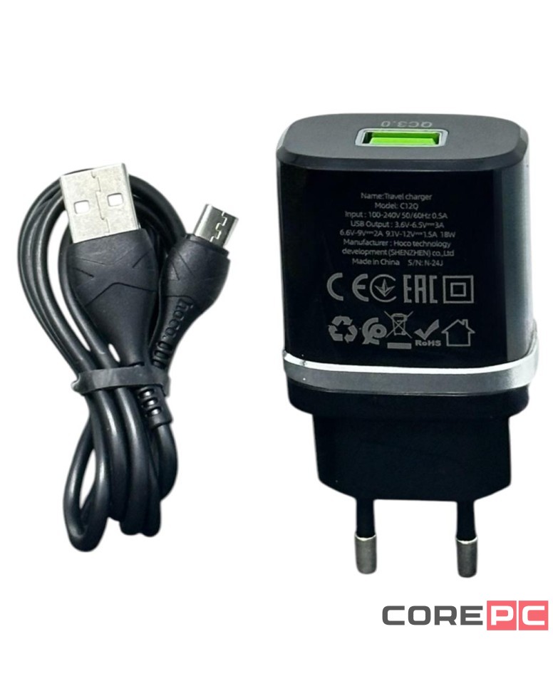 Сетевое зар. устр. Hoco C12Q с шнуром Micro 1USB QC3.0 2.4A черное