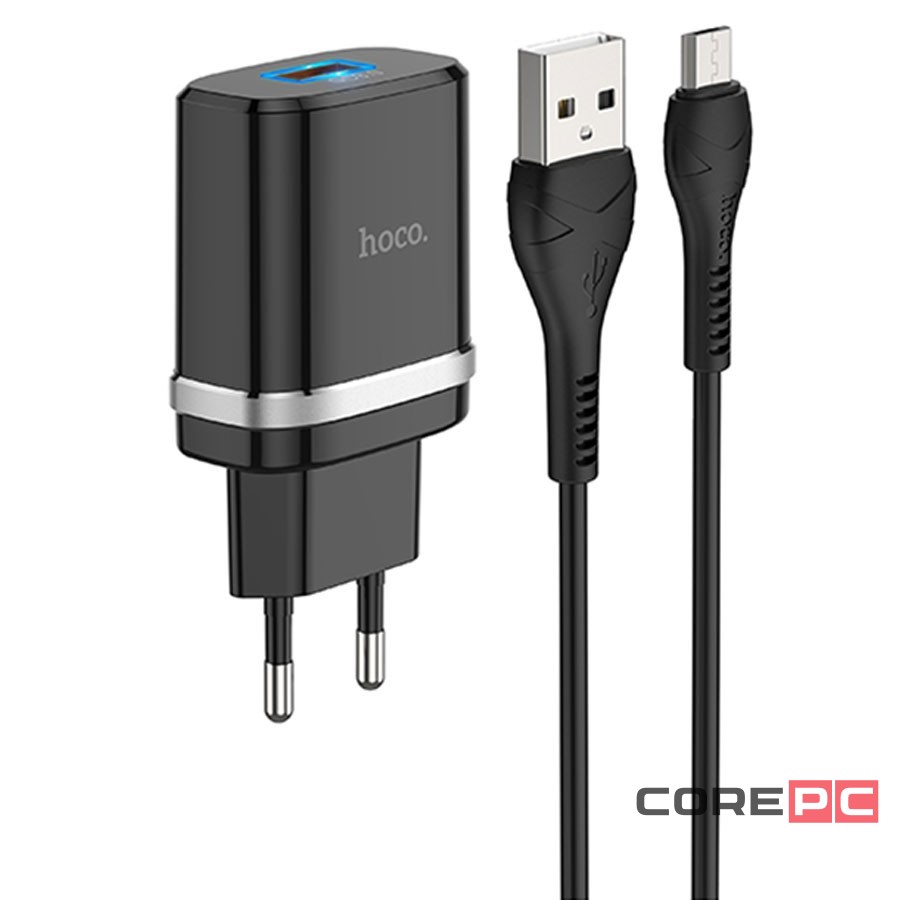 Сетевое зар. устр. Hoco C12Q с шнуром Micro 1USB QC3.0 2.4A черное