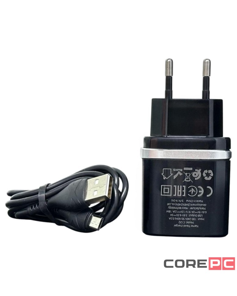 Сетевое зар. устр. Hoco C12Q с шнуром Micro 1USB QC3.0 2.4A черное