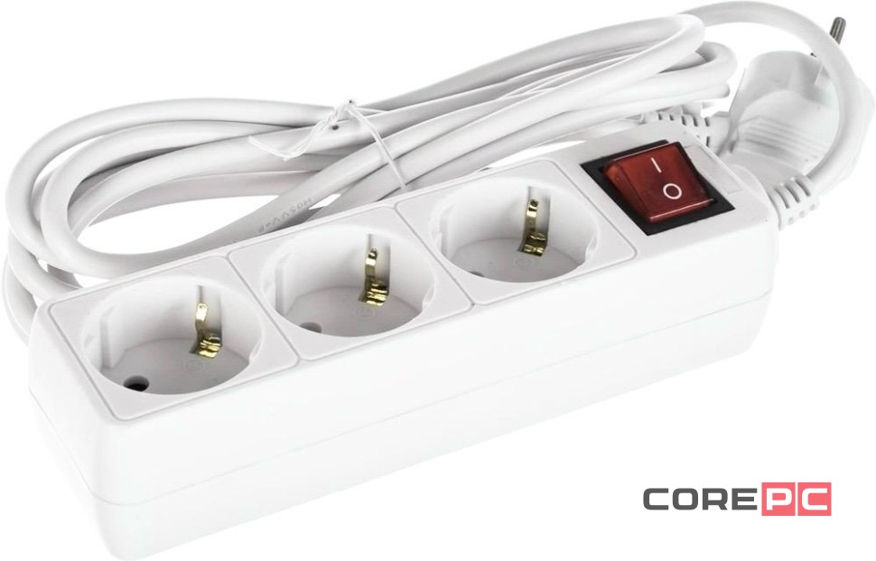 Perfeo сетевой удлинитель с кнопкой POWERMATE, 3,0м, 3 розетки, белый(PF-PM-3/3,0-W)