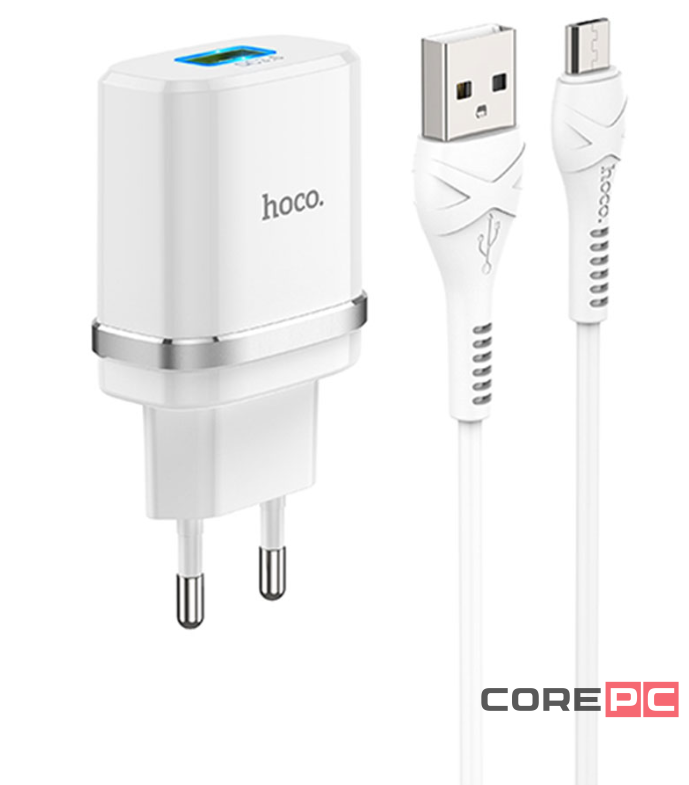 Сетевое зар. устр. Hoco C12Q с шнуром Micro 1USB QC3.0 2.4A белое