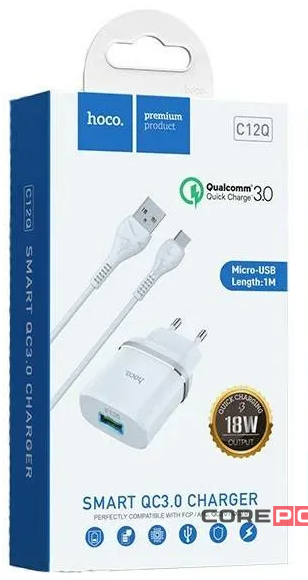 Сетевое зар. устр. Hoco C12Q с шнуром Micro 1USB QC3.0 2.4A белое