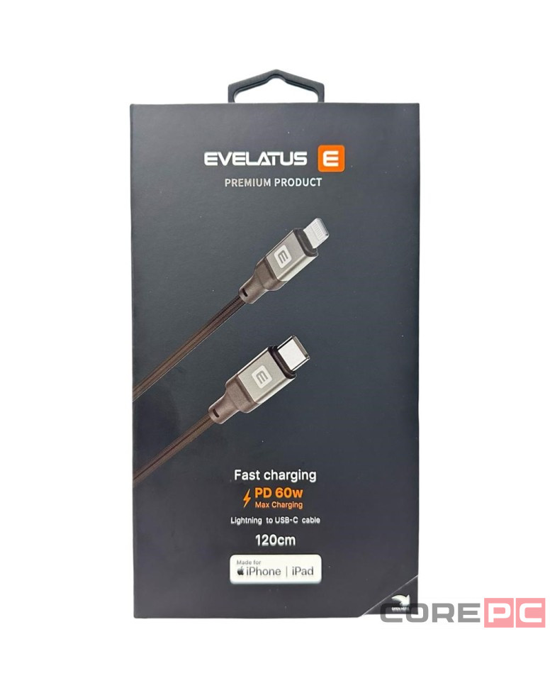 Usb Кабель-зарядка Type-C на Lightning Evelatus 60W 1.2м в тканевой оплетке черный