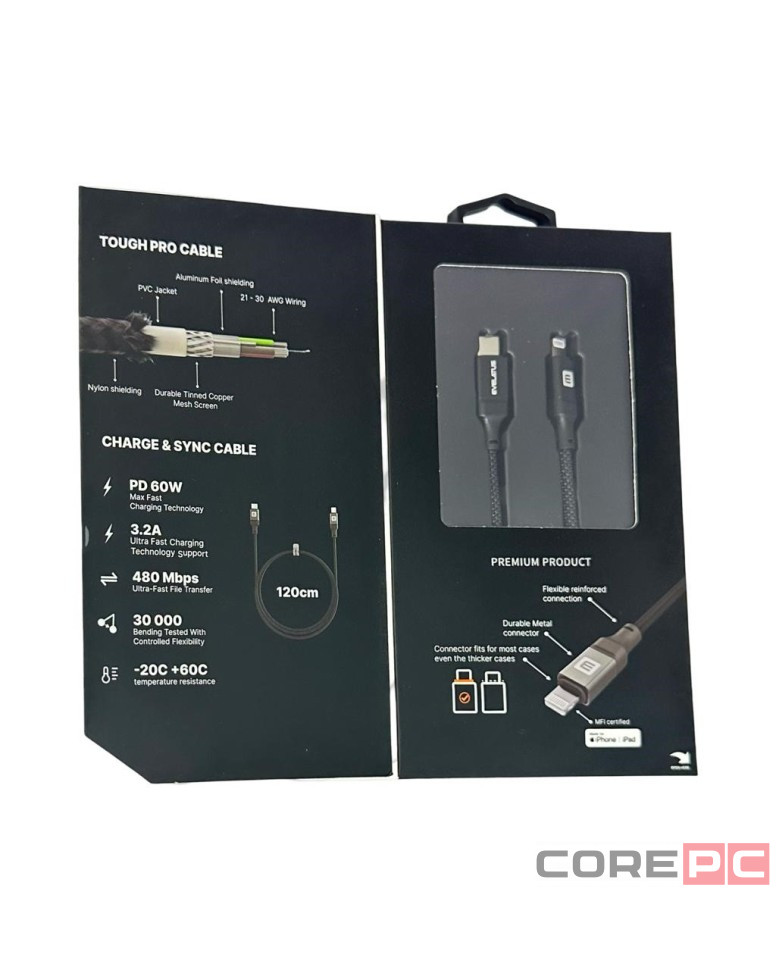 Usb Кабель-зарядка Type-C на Lightning Evelatus 60W 1.2м в тканевой оплетке черный