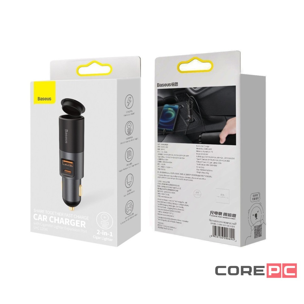 Автомобильное заряд. устр. Baseus Share 1USB/1C 3.4A 60W CCBT-C0G черное