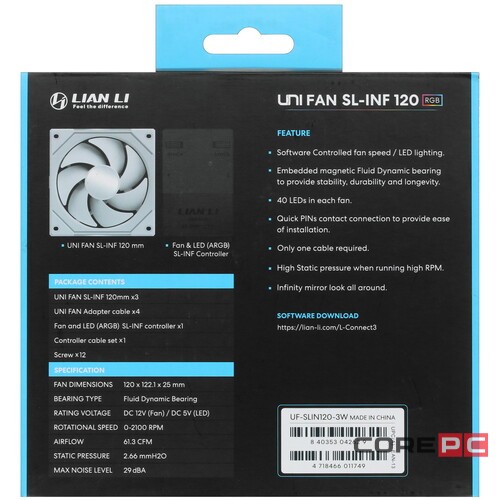 Комплект вентиляторов для корпуса Lian Li UNI FAN SL-INF 120 ARGB White (G99.12SLIN3W.R0)
