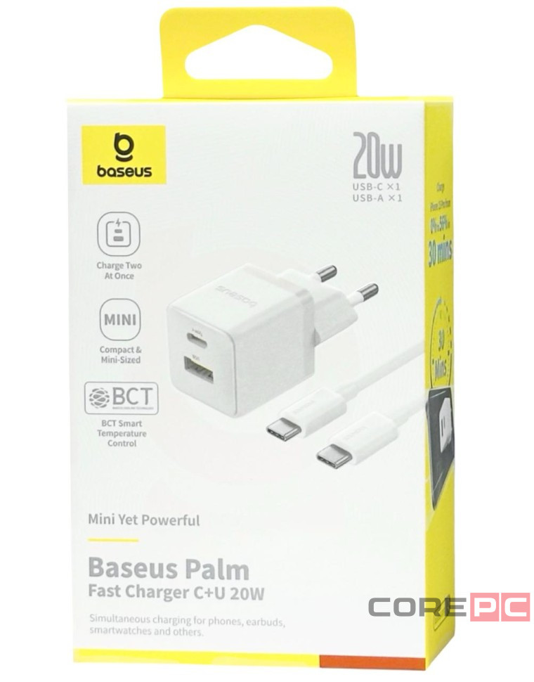 Сетевое зар. устр. Baseus Palm Fast Charger 1USB/1C 20W кабель Т-С на Т-С(P10111608213-01) белое